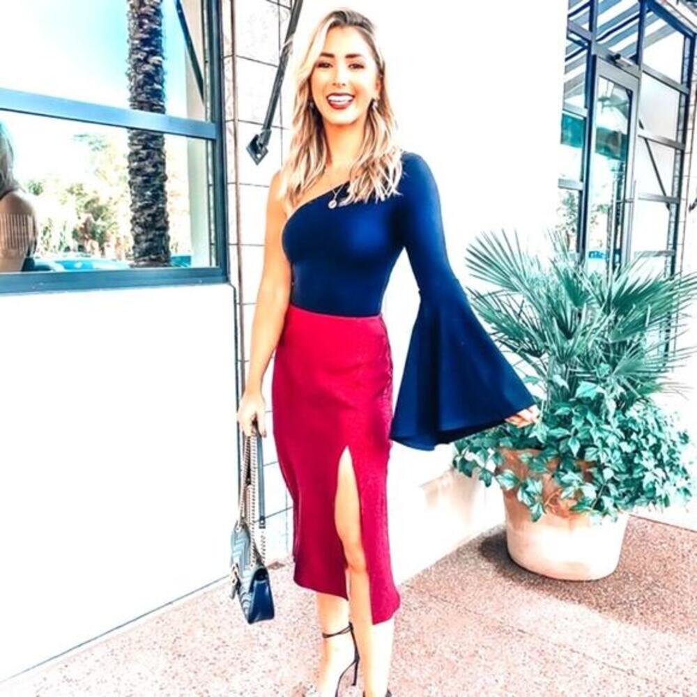 Socialite Skirt cherry red midi skirt with‎ slit size medium
